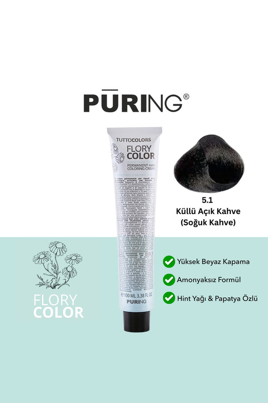 PURING Flory Color Papatya Özlü Amonyaksız Saç Boyası 100ml - 5.1 Küllü Açık Kahve (Soğuk Kahve)