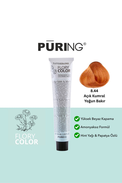 PURING Flory Color Papatya Özlü Amonyaksız Saç Boyası 100ml - 8.44 Açık Kumral Yoğun Bakır