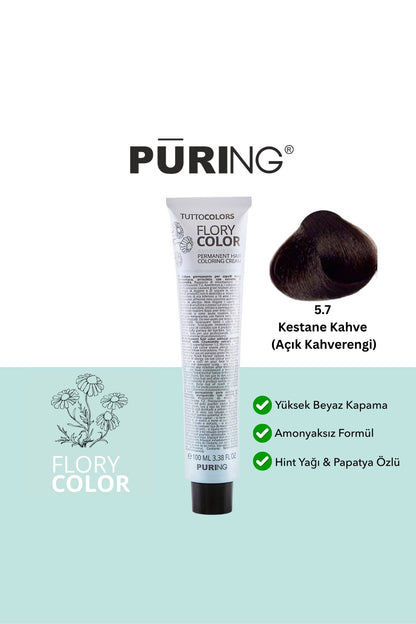 PURING Flory Color Papatya Özlü Amonyaksız Saç Boyası 100ml - 5.7 Kestane Kahve (Açık Kahverengi)