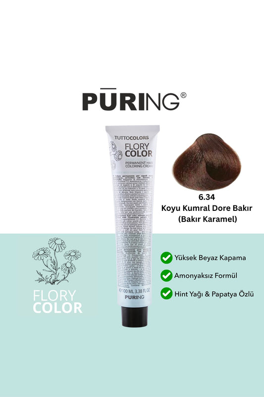 PURING Flory Color Papatya Özlü Amonyaksız Saç Boyası 100ml - 6.34 Koyu Kumral Dore Bakır (Bakır Karamel)