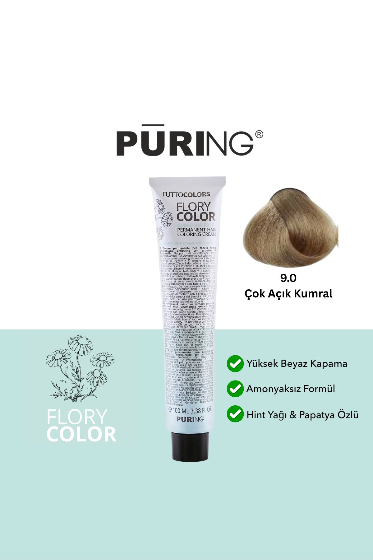 PURING Flory Color Papatya Özlü Amonyaksız Saç Boyası 100ml - 9.0 Çok Açık Kumral (Doğal Sarı)