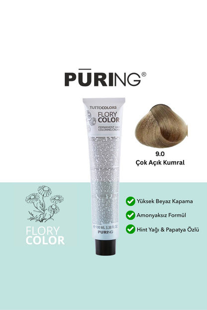 PURING Flory Color Papatya Özlü Amonyaksız Saç Boyası 100ml - 9.0 Çok Açık Kumral (Doğal Sarı)