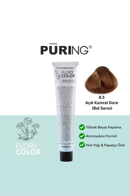 PURING Flory Color Papatya Özlü Amonyaksız Saç Boyası 100ml - 8.3 Açık Kumral Dore (Bal Sarısı)