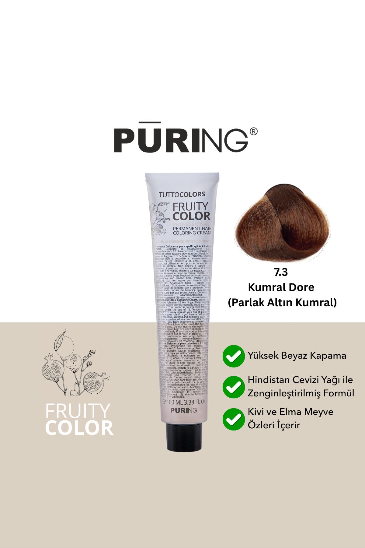 PURING Fruity Color Meyve Asitli Profesyonel Krem Saç Boyası 100ml - 7.3 Kumral Dore (Parlak Altın Kumral)