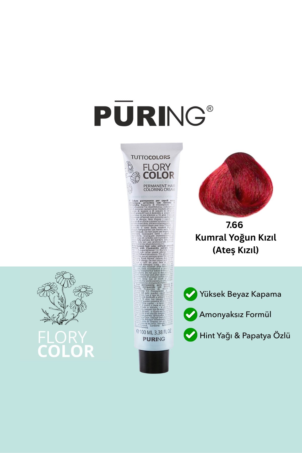 PURING Flory Color Papatya Özlü Amonyaksız Saç Boyası 100ml - 7.66 Kumral Yoğun Kızıl (Ateş Kızıl)