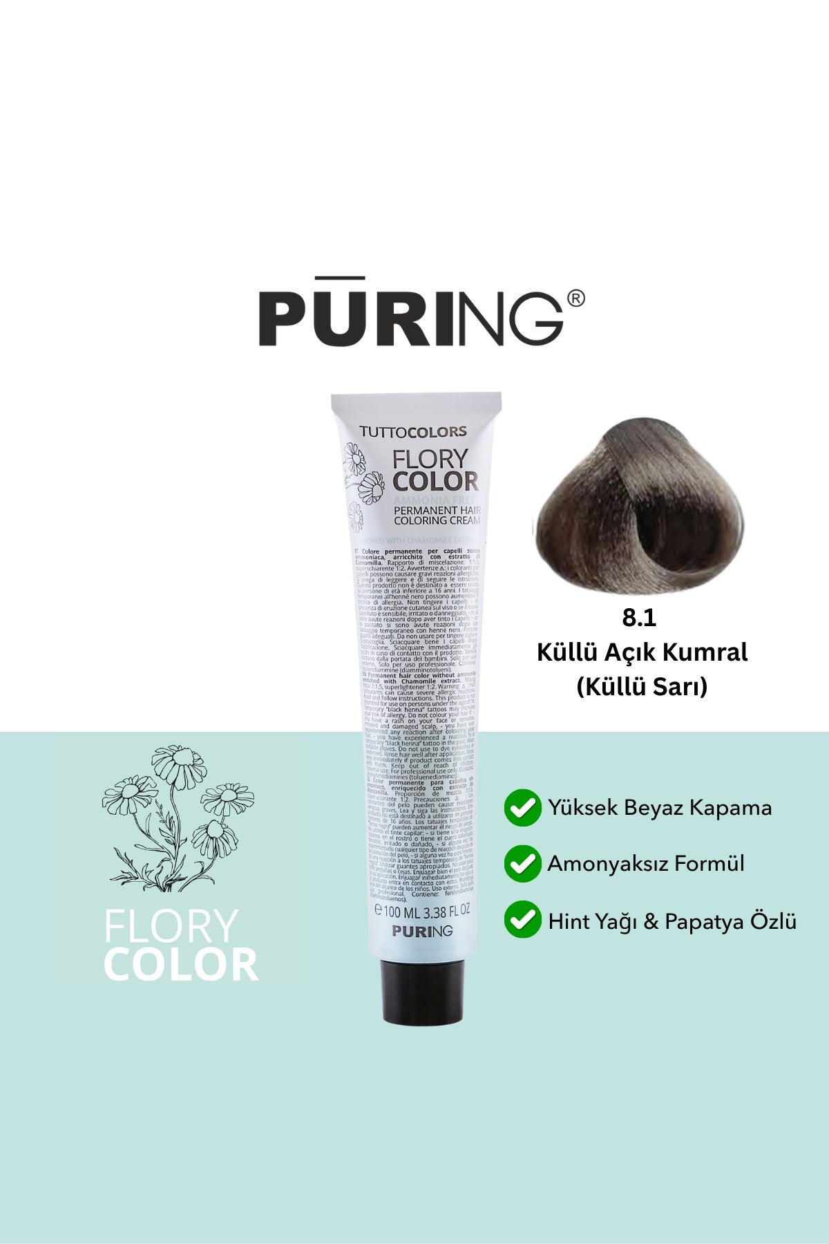 PURING Flory Color Papatya Özlü Amonyaksız Saç Boyası 100ml - 8.1 Küllü Açık Kumral (Küllü Sarı)