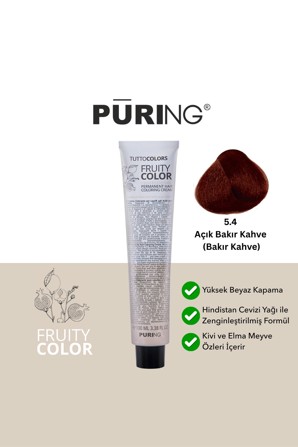 PURING Fruity Color Meyve Asitli Profesyonel Krem Saç Boyası 100ml - 5.4 Açık Bakır Kahve (Bakır Kahve)