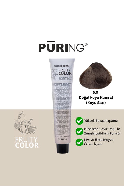 PURING Fruity Color Meyve Asitli Profesyonel Krem Saç Boyası 100ml - 6.0 Doğal Koyu Kumral (Koyu Sarı)