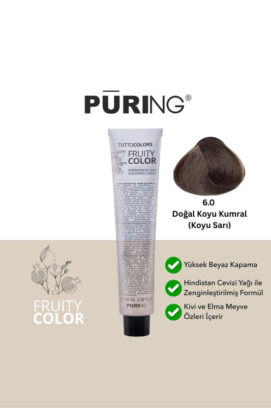 PURING Fruity Color Meyve Asitli Profesyonel Krem Saç Boyası 100ml - 6.0 Doğal Koyu Kumral (Koyu Sarı)