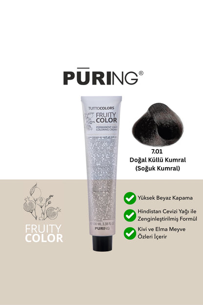 PURING Fruity Color Meyve Asitli Profesyonel Krem Saç Boyası 100ml - 7.01 Doğal Küllü Kumral (Soğuk Kumral)