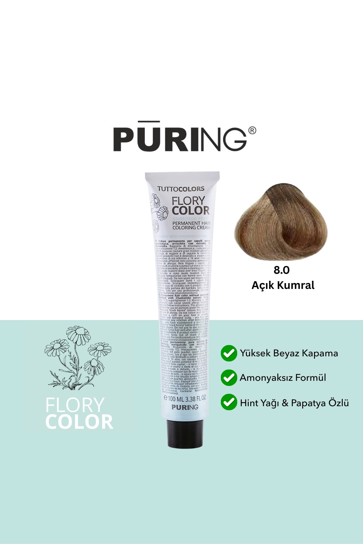 PURING Flory Color Papatya Özlü Amonyaksız Saç Boyası 100ml - 8.0 Açık Kumral (Doğal Açık Kumral)