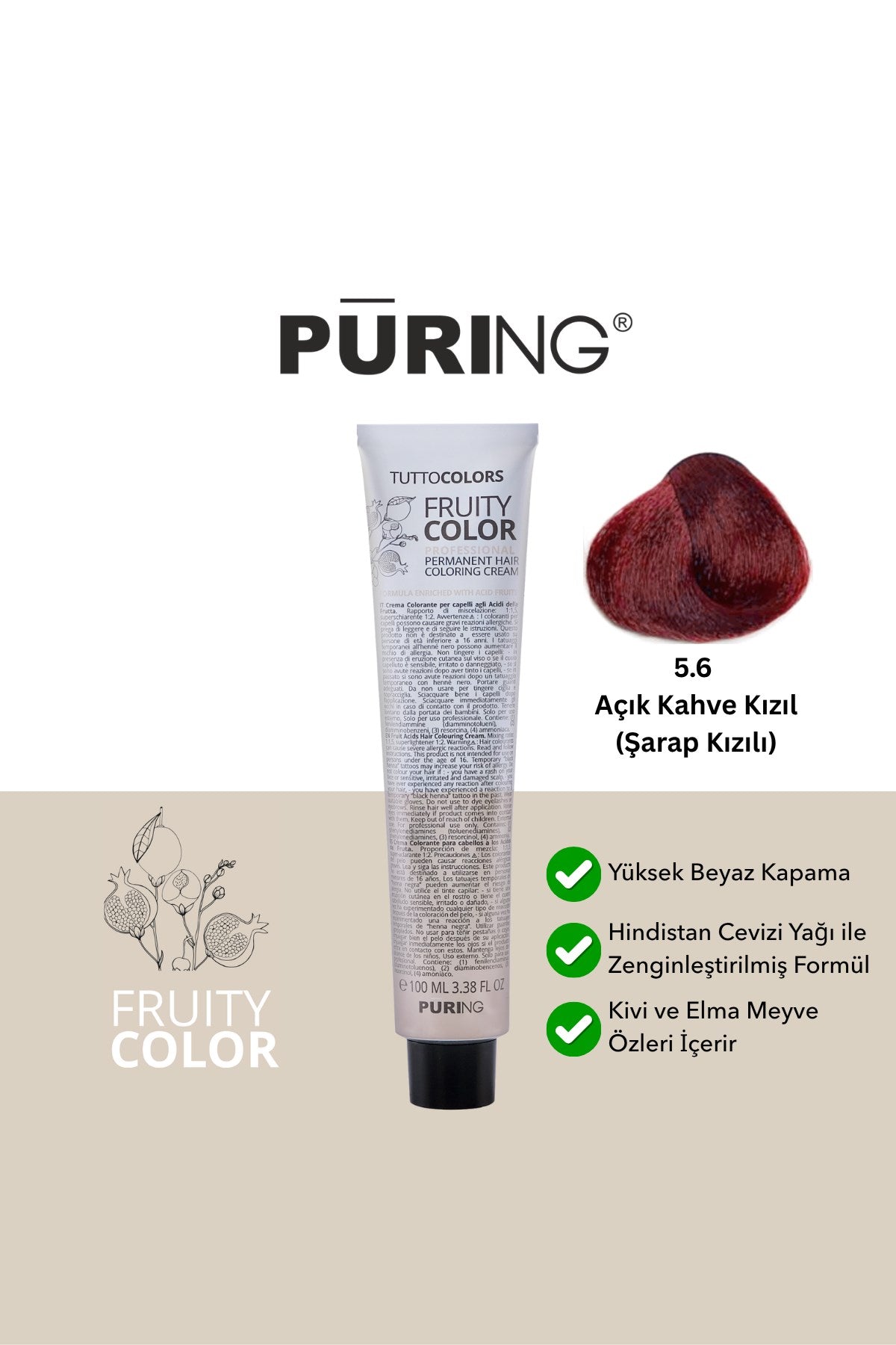 PURING Fruity Color Meyve Asitli Profesyonel Krem Saç Boyası 100ml - 5.6 Açık Kahve Kızıl (Şarap Kızılı)