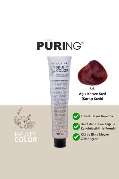 PURING Fruity Color Meyve Asitli Profesyonel Krem Saç Boyası 100ml - 5.6 Açık Kahve Kızıl (Şarap Kızılı)