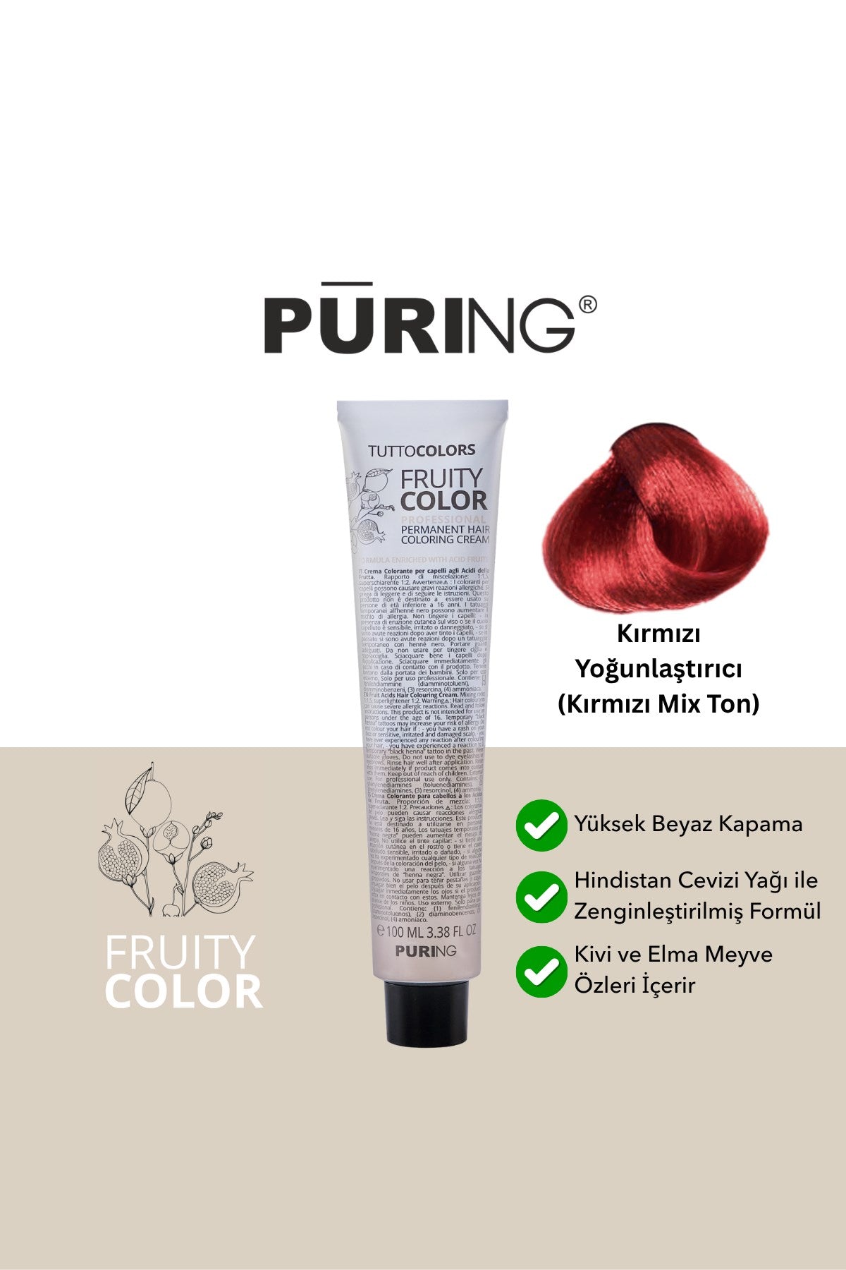 PURING Fruity Color Meyve Asitli Profesyonel Krem Saç Boyası 100ml - Kırmızı Yoğunlaştırıcı (Kırmızı Mix Ton)