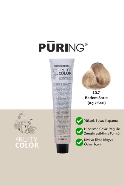 PURING Fruity Color Meyve Asitli Profesyonel Krem Saç Boyası 100ml - 10.7 Badem Sarısı(Badem Rengi-Açık Sarı)