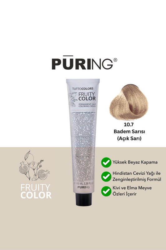 PURING Fruity Color Meyve Asitli Profesyonel Krem Saç Boyası 100ml - 10.7 Badem Sarısı(Badem Rengi-Açık Sarı)