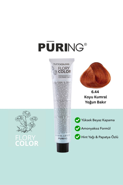 PURING Flory Color Papatya Özlü Amonyaksız Saç Boyası 100ml - 6.44 Koyu Kumral Yoğun Bakır