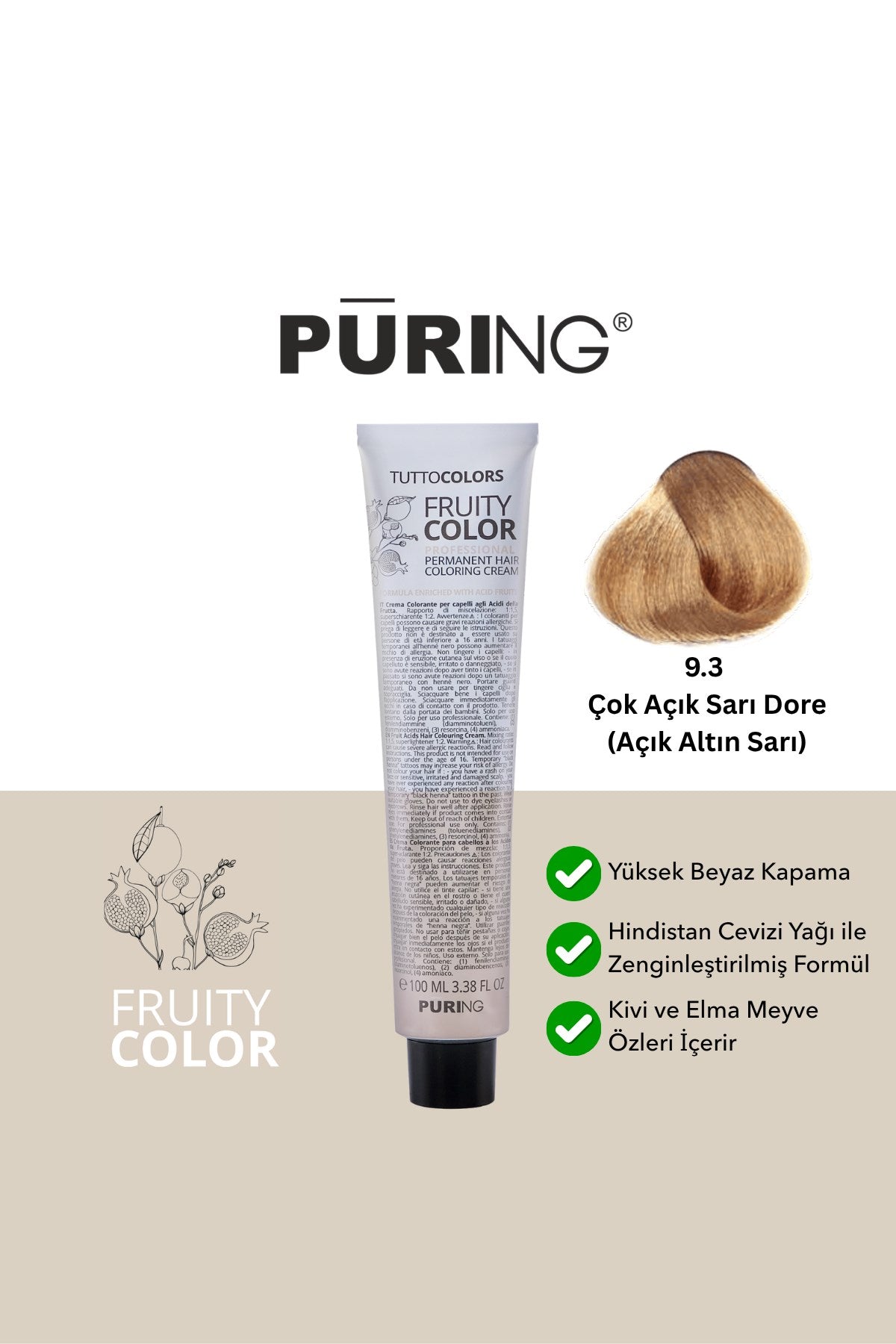 PURING Fruity Color Meyve Asitli Profesyonel Krem Saç Boyası 100ml - 9.3 Çok Açık Sarı Dore(Açık Altın Sarı)