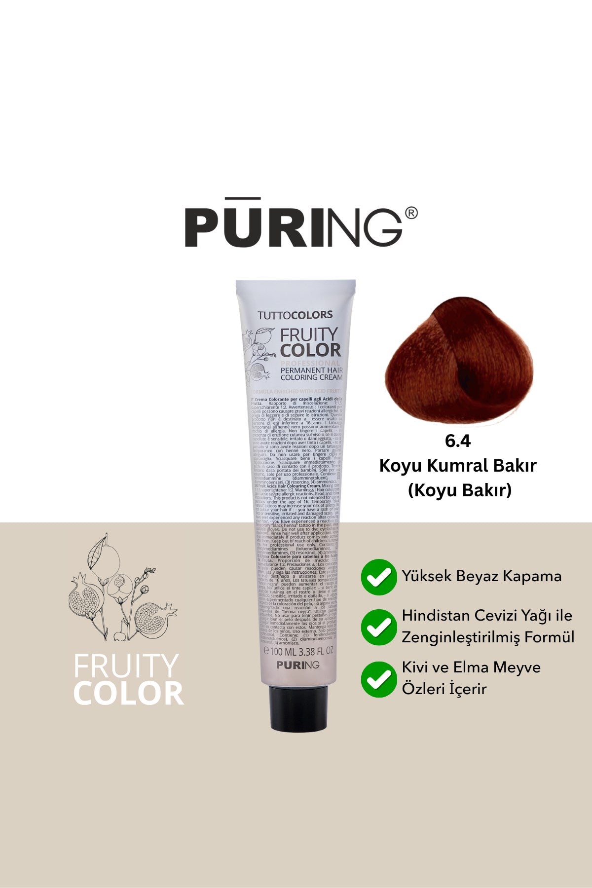 PURING Fruity Color Meyve Asitli Profesyonel Krem Saç Boyası 100ml - 6.4 Koyu Kumral Bakır (Koyu Bakır)