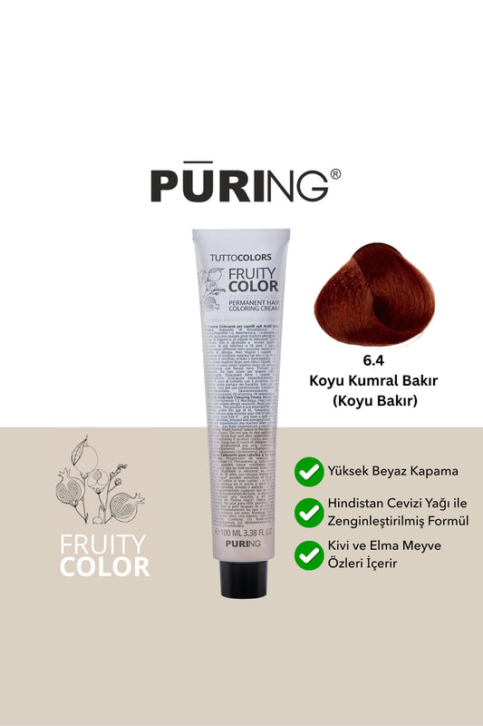PURING Fruity Color Meyve Asitli Profesyonel Krem Saç Boyası 100ml - 6.4 Koyu Kumral Bakır (Koyu Bakır)