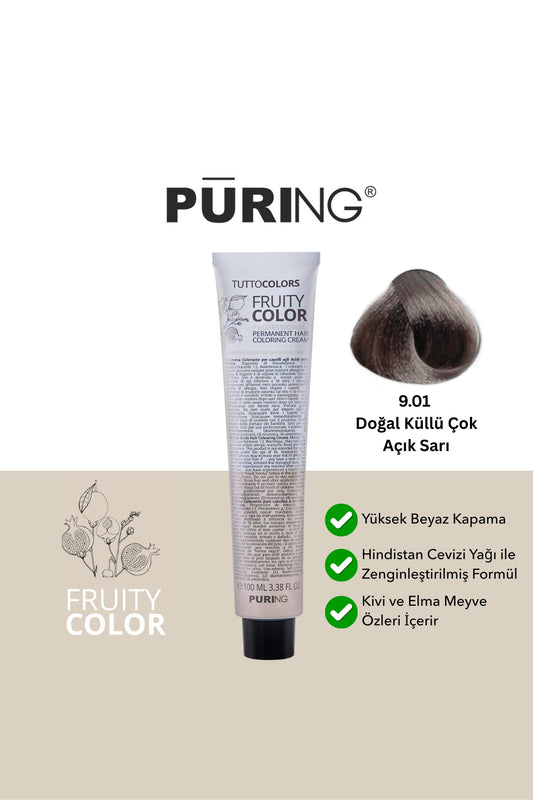 PURING Fruity Color Meyve Asitli Profesyonel Krem Saç Boyası 100ml - 9.01 Doğal Küllü Çok Açık Sarı