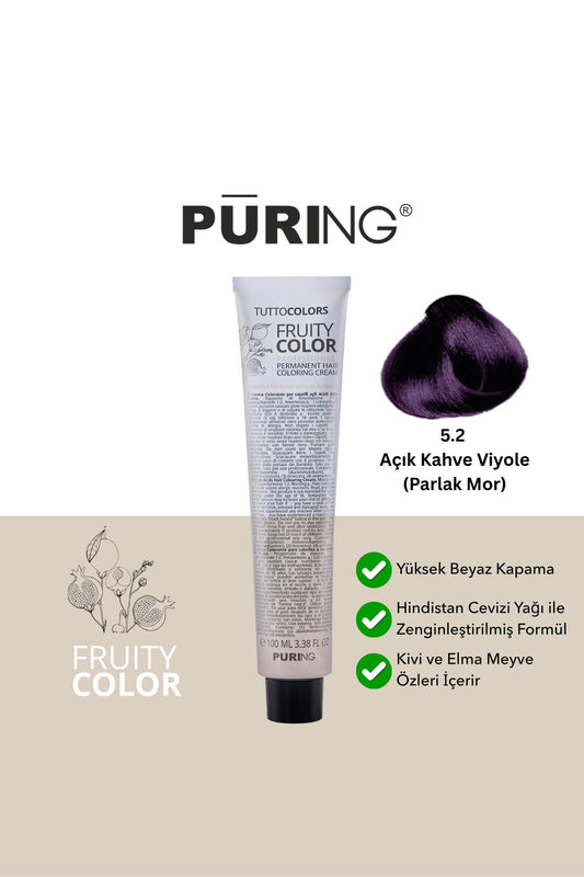 PURING Fruity Color Meyve Asitli Profesyonel Krem Saç Boyası 100ml - 5.2 Açık Kahve Viyole (Parlak Mor)