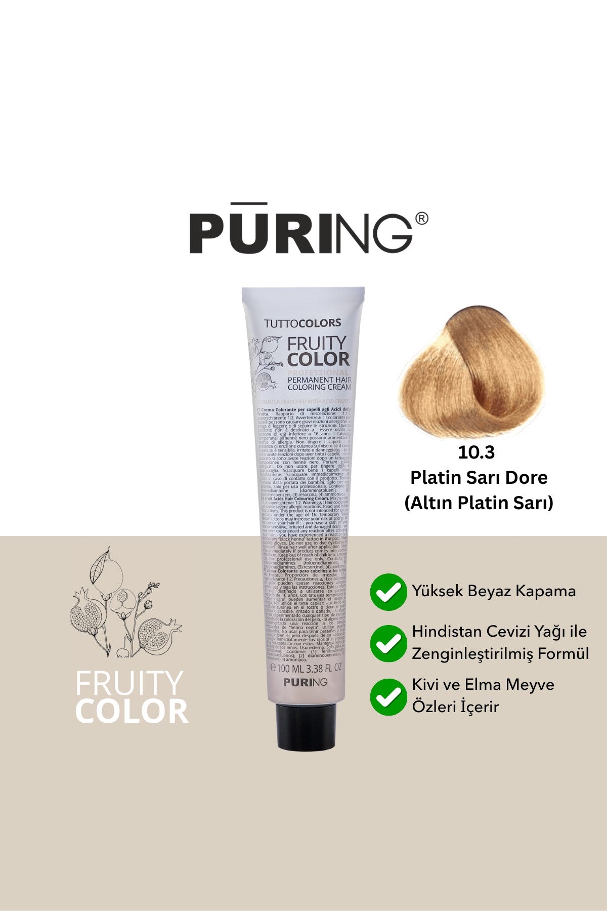 PURING Fruity Color Meyve Asitli Profesyonel Krem Saç Boyası 100ml - 10.3 Platin Sarı Dore(Altın Platin Sarı)