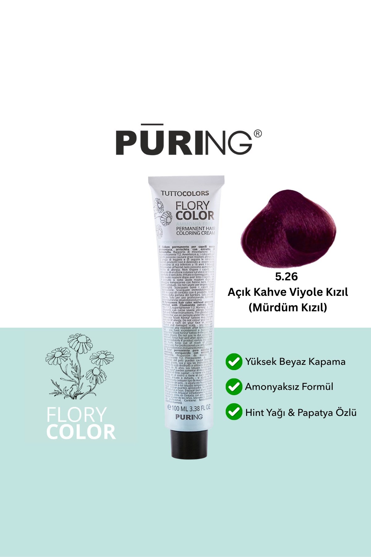 PURING Flory Color Papatya Özlü Amonyaksız Saç Boyası 100ml - 5.26 Açık Kahve Viyole Kızıl (Mürdüm Kızıl)