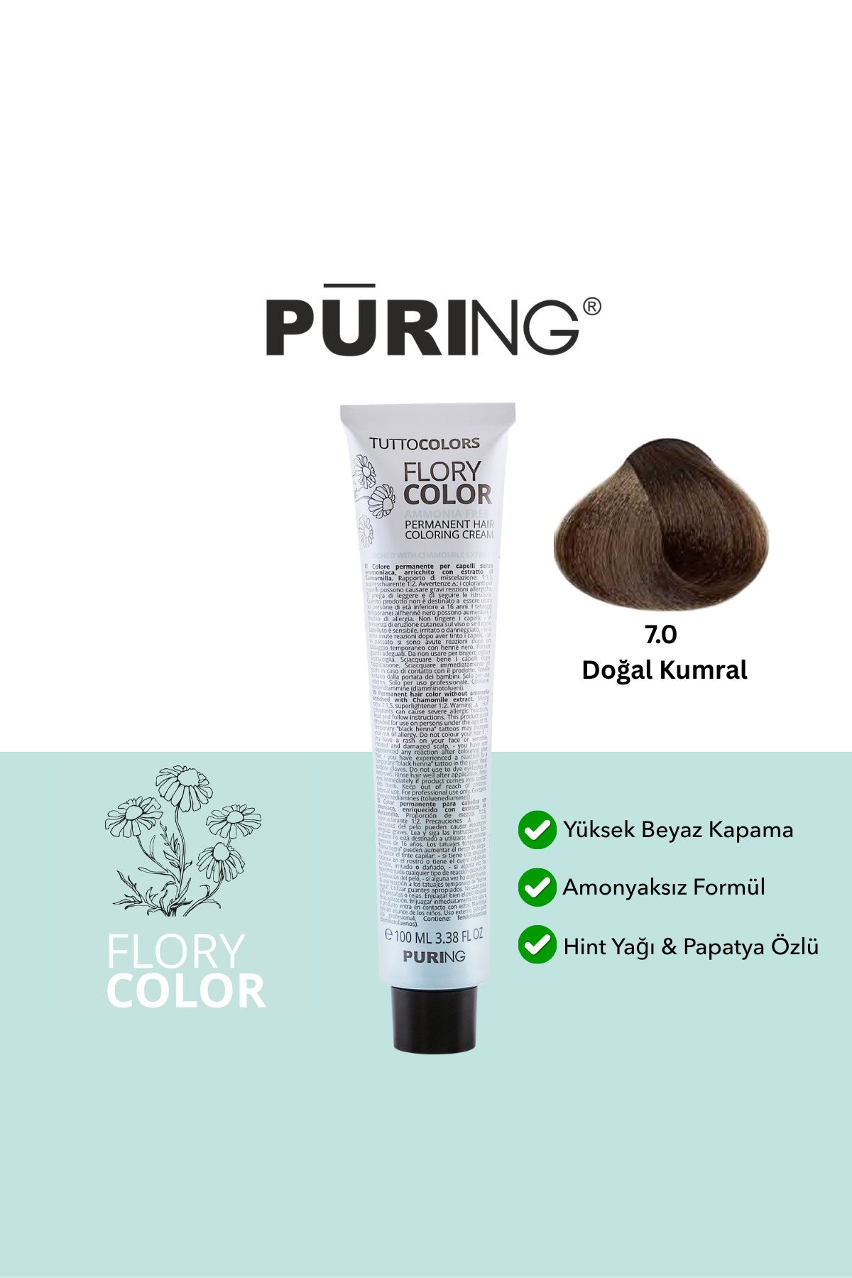 PURING Flory Color Papatya Özlü Amonyaksız Saç Boyası 100ml - 7.0 Doğal Kumral (Klasik Kumral)