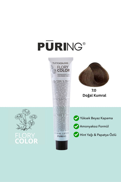 PURING Flory Color Papatya Özlü Amonyaksız Saç Boyası 100ml - 7.0 Doğal Kumral (Klasik Kumral)