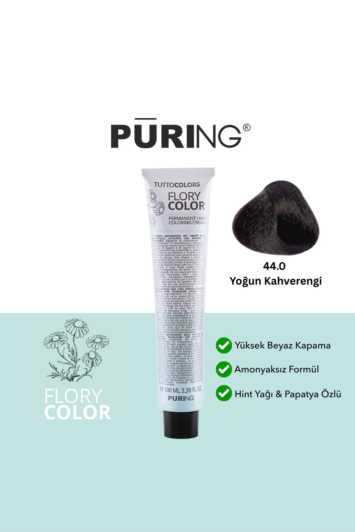 PURING Flory Color Papatya Özlü Amonyaksız Saç Boyası 100ml - 44.0 Yoğun Kahve (Yoğun Kahverengi)