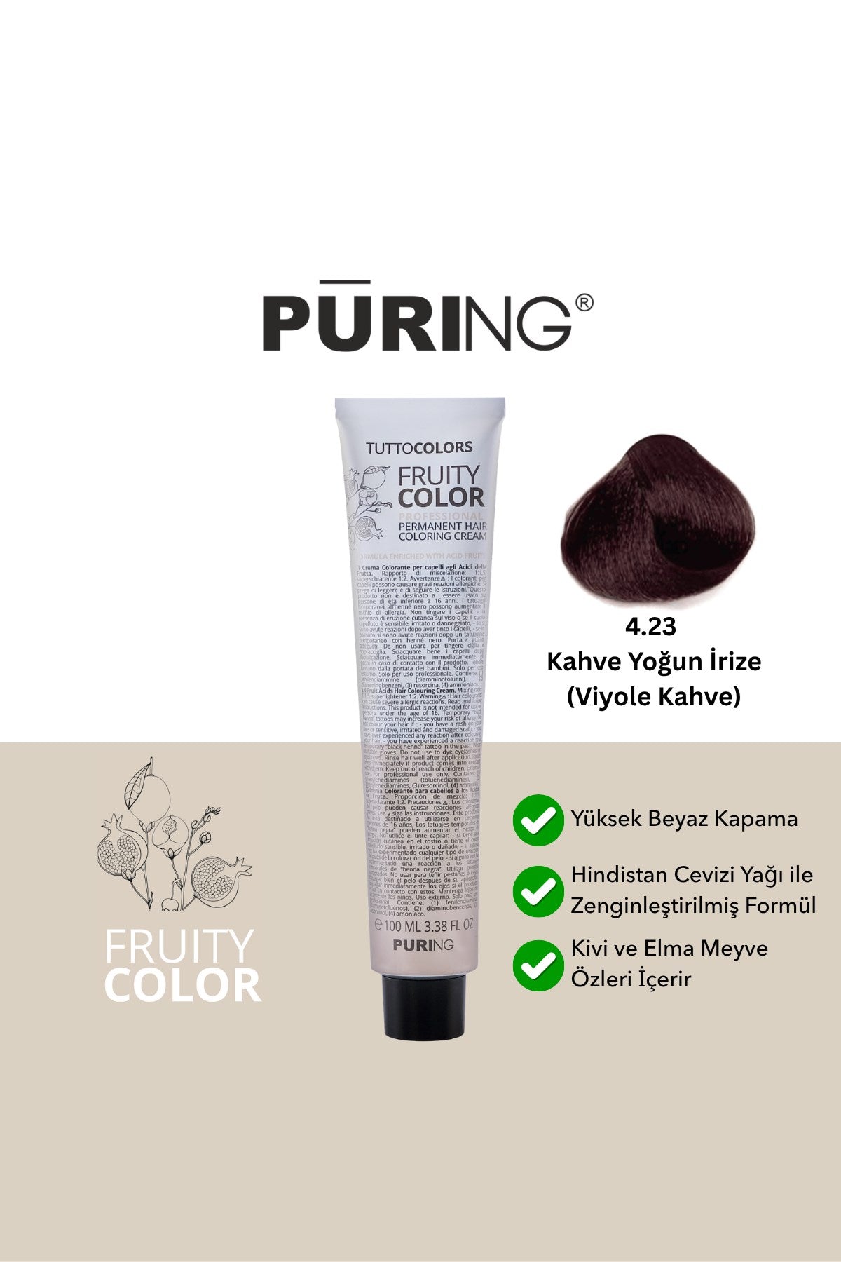 PURING Fruity Color Meyve Asitli Profesyonel Krem Saç Boyası 100ml - 4.23 Kahve Yoğun İrize (Viyole Kahve)