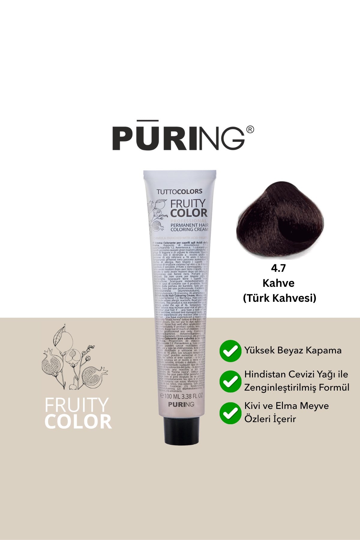 PURING Fruity Color Meyve Asitli Profesyonel Krem Saç Boyası 100ml - 4.7 Kahve (Türk Kahvesi)