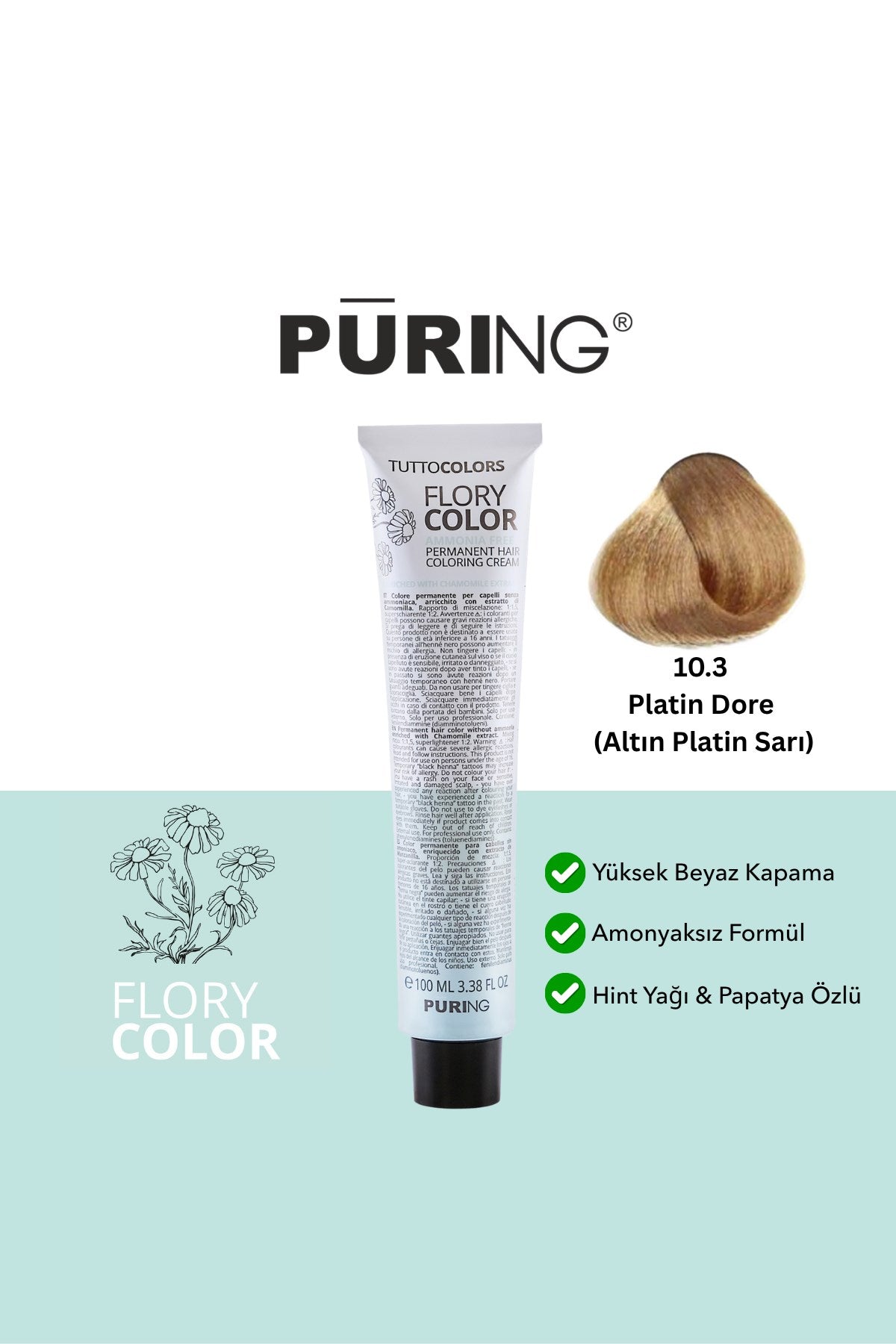 PURING Flory Color Papatya Özlü Amonyaksız Saç Boyası 100ml - 10.3 Platin Dore (Altın Platin Sarı)