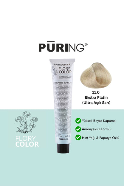 PURING Flory Color Papatya Özlü Amonyaksız Saç Boyası 100ml - 11.0 Ekstra Platin (Ultra Açık Sarı)
