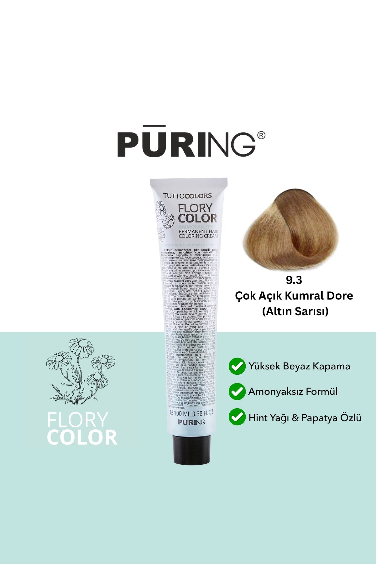 PURING Flory Color Papatya Özlü Amonyaksız Saç Boyası 100ml - 9.3 Çok Açık Kumral Dore (Altın Sarısı)