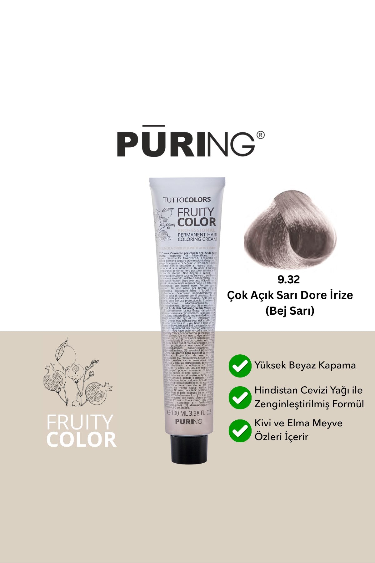 PURING Fruity Color Meyve Asitli Profesyonel Krem Saç Boyası 100ml - 9.32 Çok Açık Sarı Dore İrize(Bej Sarı)
