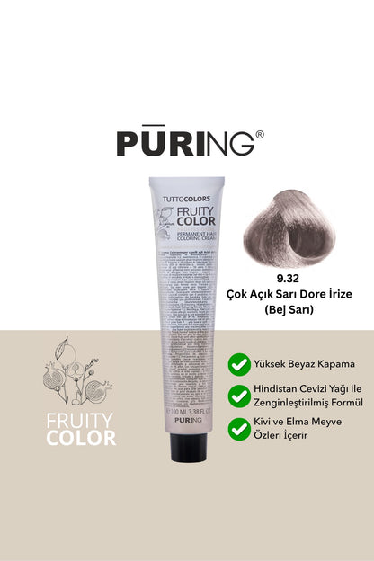 PURING Fruity Color Meyve Asitli Profesyonel Krem Saç Boyası 100ml - 9.32 Çok Açık Sarı Dore İrize(Bej Sarı)