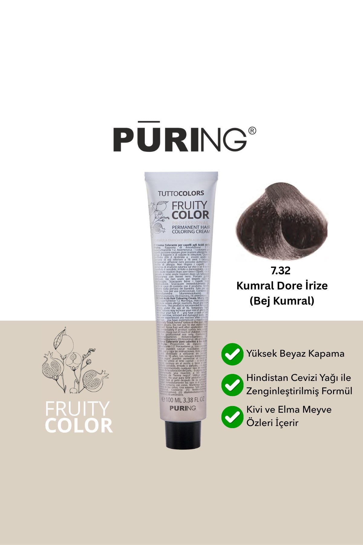 PURING Fruity Color Meyve Asitli Profesyonel Krem Saç Boyası 100ml - 7.32 Kumral Dore İrize (Bej Kumral)