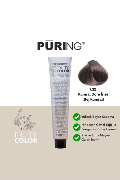 PURING Fruity Color Meyve Asitli Profesyonel Krem Saç Boyası 100ml - 7.32 Kumral Dore İrize (Bej Kumral)