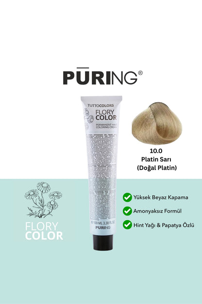 PURING Flory Color Papatya Özlü Amonyaksız Saç Boyası 100ml - 10.0 Platin Sarı (Doğal Platin)