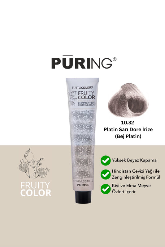 PURING Fruity Color Meyve Asitli Profesyonel Krem Saç Boyası 100ml - 10.32 Platin Sarı Dore İrize(Bej Platin)