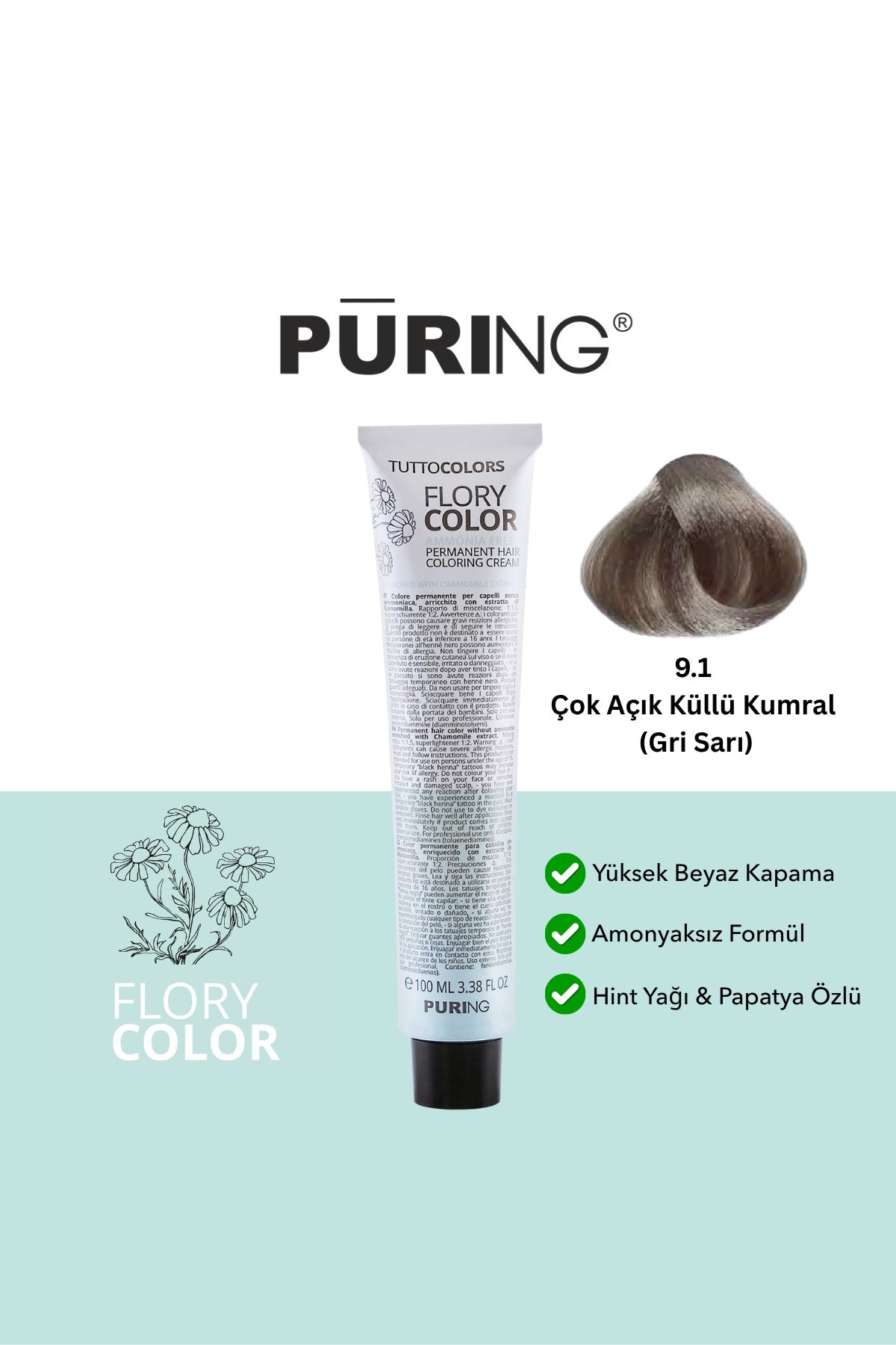 PURING Flory Color Papatya Özlü Amonyaksız Saç Boyası 100ml - 9.1 Çok Açık Küllü Kumral (Gri Sarı)