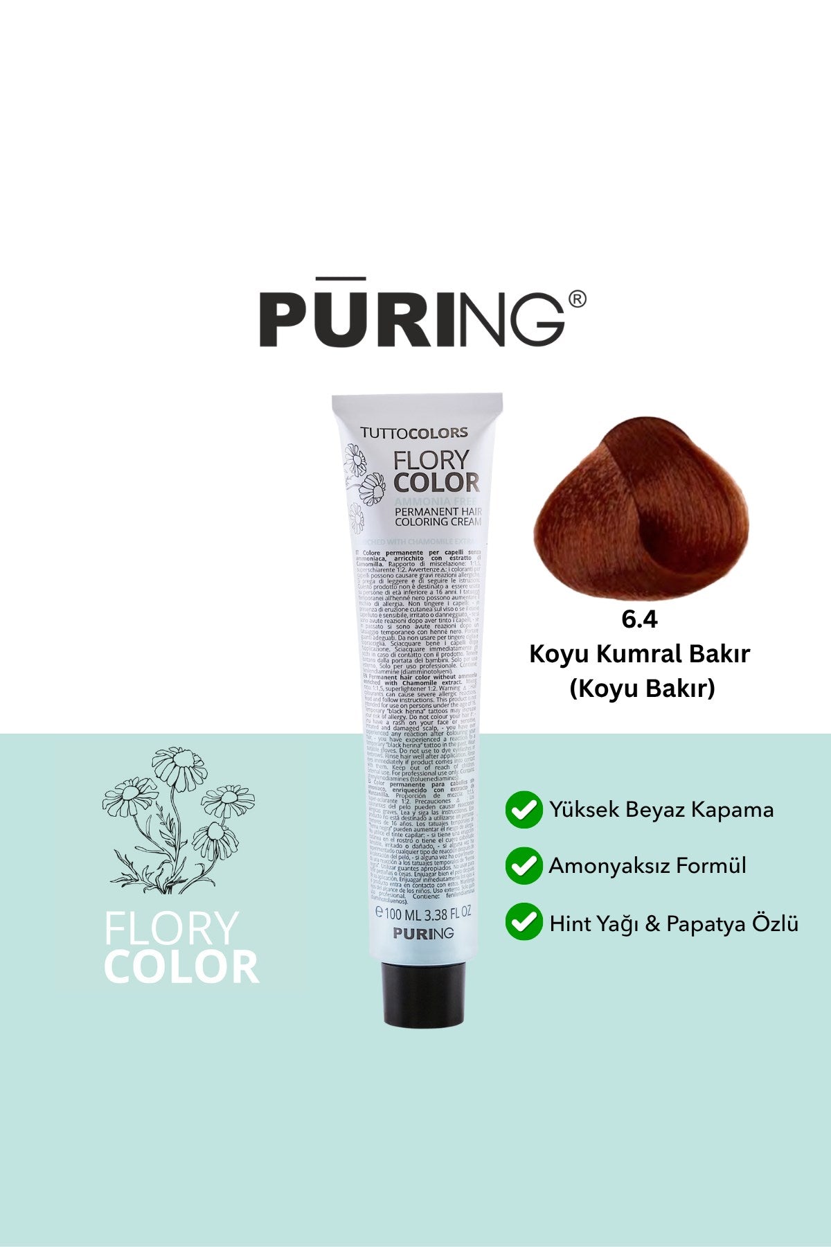 PURING Flory Color Papatya Özlü Amonyaksız Saç Boyası 100ml - 6.4 Koyu Kumral Bakır (Koyu Bakır)