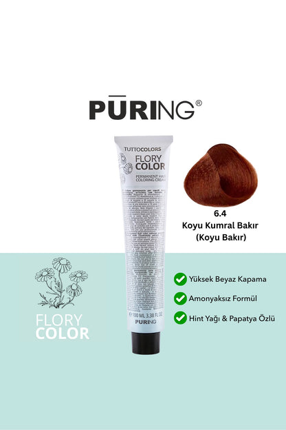 PURING Flory Color Papatya Özlü Amonyaksız Saç Boyası 100ml - 6.4 Koyu Kumral Bakır (Koyu Bakır)