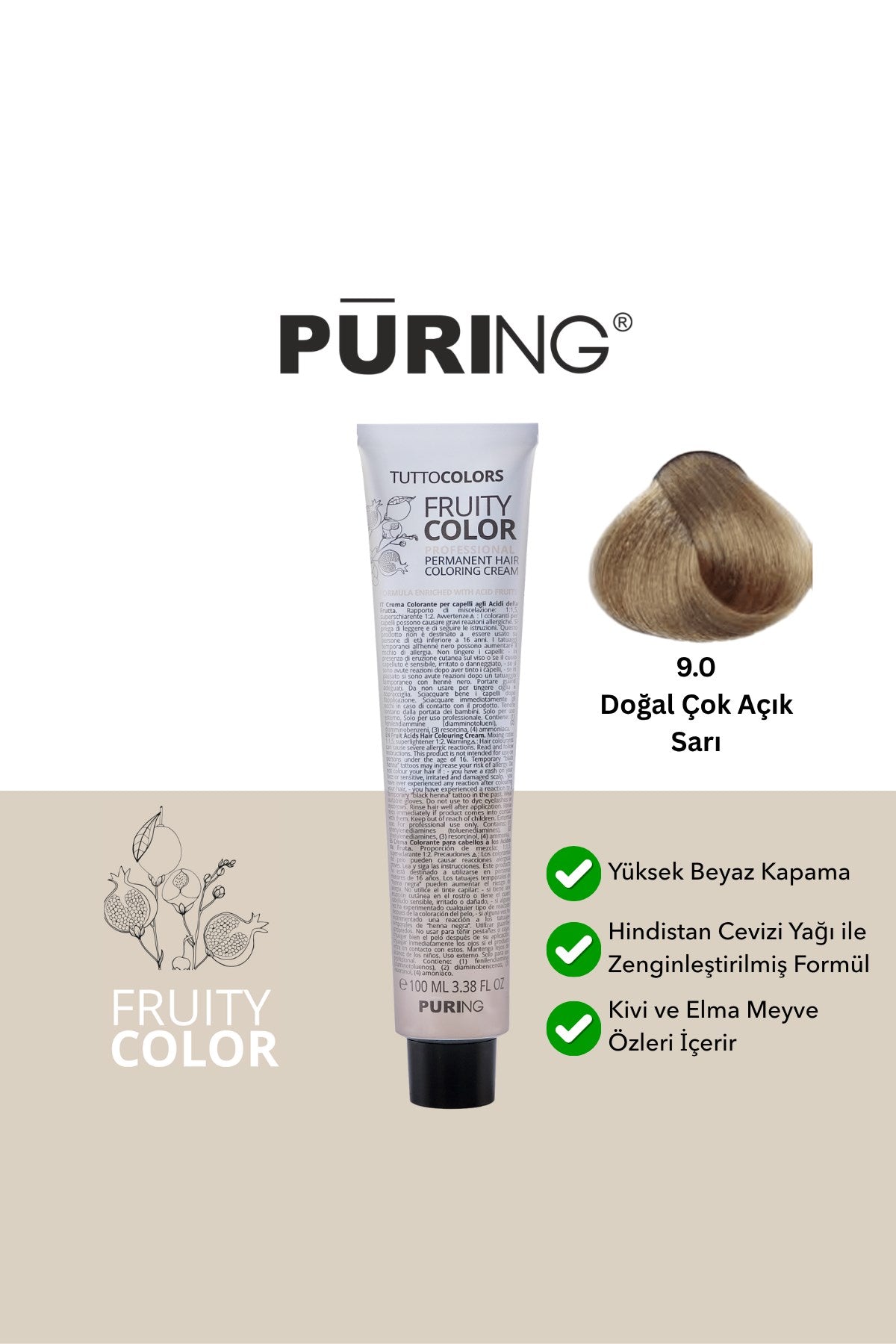 PURING Fruity Color Meyve Asitli Profesyonel Krem Saç Boyası 100ml - 9.0 Doğal Çok Açık Sarı (Açık Sarı)