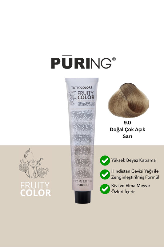 PURING Fruity Color Meyve Asitli Profesyonel Krem Saç Boyası 100ml - 9.0 Doğal Çok Açık Sarı (Açık Sarı)