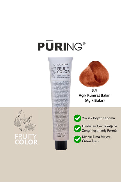 PURING Fruity Color Meyve Asitli Profesyonel Krem Saç Boyası 100ml - 8.4 Açık Kumral Bakır (Açık Bakır)