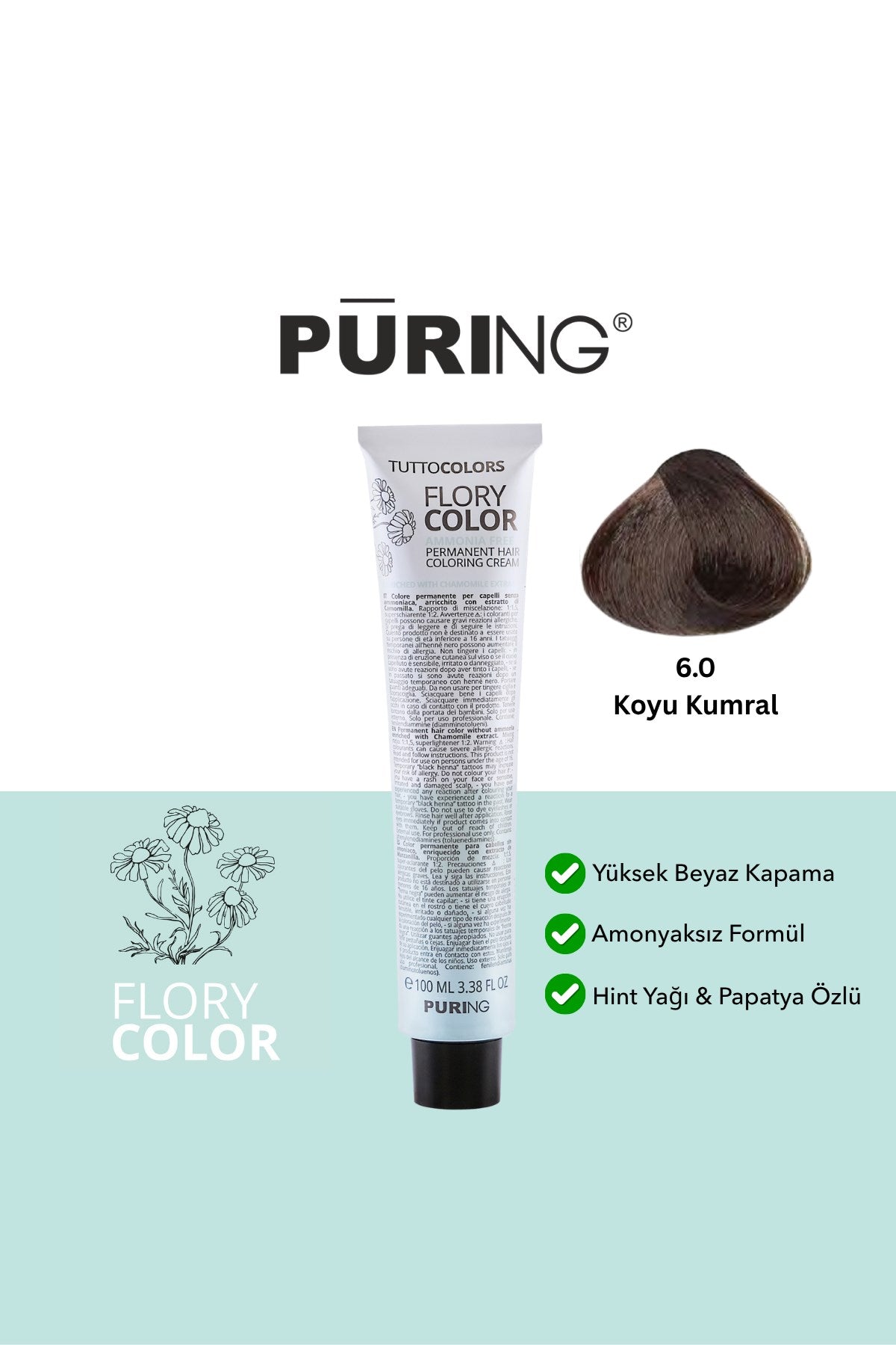 PURING Flory Color Papatya Özlü Amonyaksız Saç Boyası 100ml - 6.0 Koyu Kumral (Doğal Koyu Kumral)
