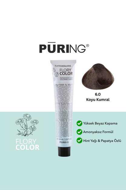 PURING Flory Color Papatya Özlü Amonyaksız Saç Boyası 100ml - 6.0 Koyu Kumral (Doğal Koyu Kumral)